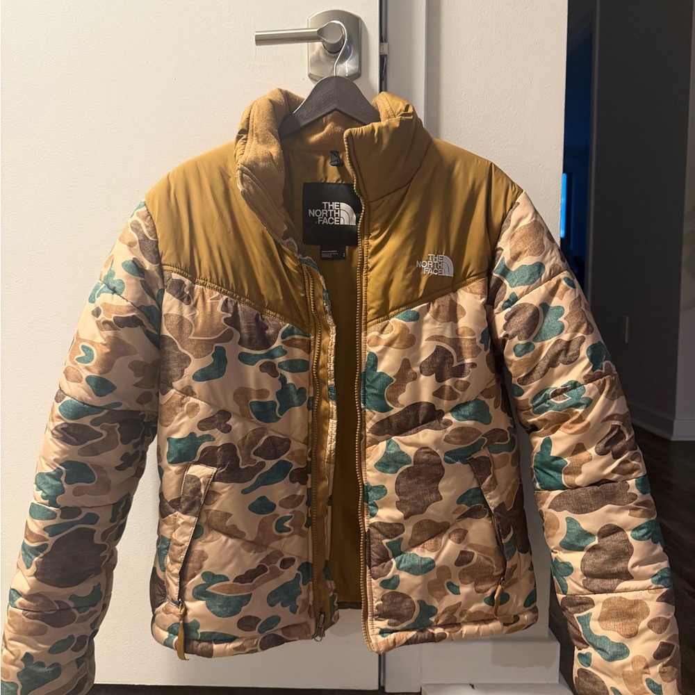The North Face Camo Puffer Jacket in Mustard and Teal